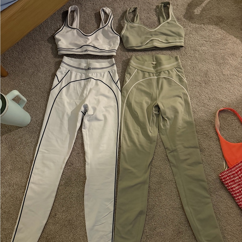 ALO Yoga Two-Piece Legging & Bra Set - White and Olive